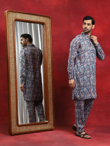 Blue Printed Pathani Kurta With Pyjama - Elganza