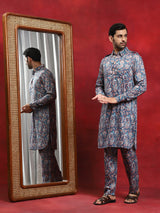 Blue Printed Pathani Kurta With Pyjama - Elganza