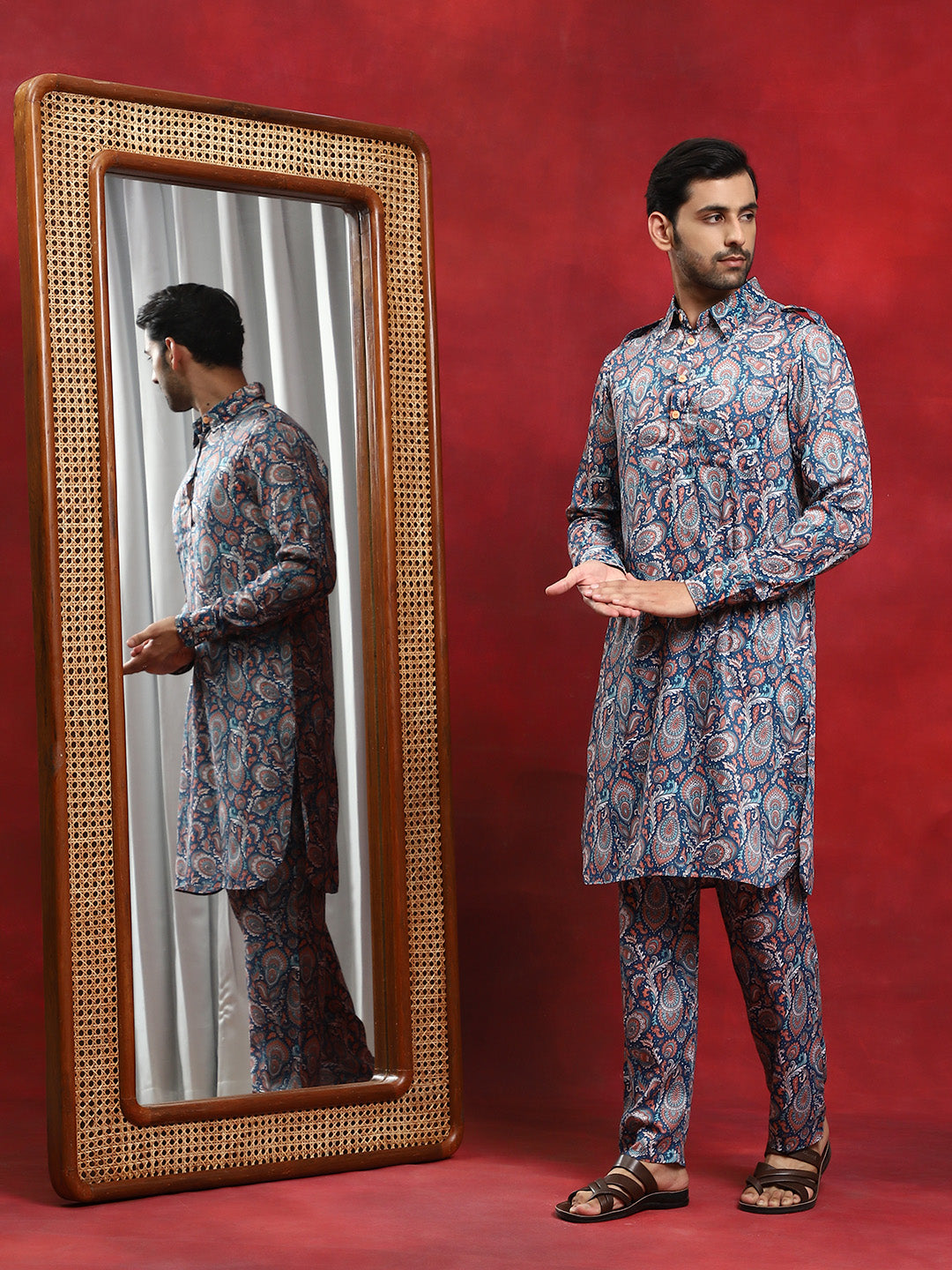 Blue Printed Pathani Kurta With Pyjama - Elganza