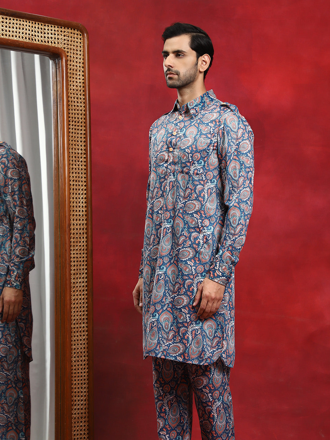 Blue Printed Pathani Kurta With Pyjama - Elganza