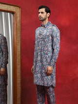 Blue Printed Pathani Kurta With Pyjama - Elganza