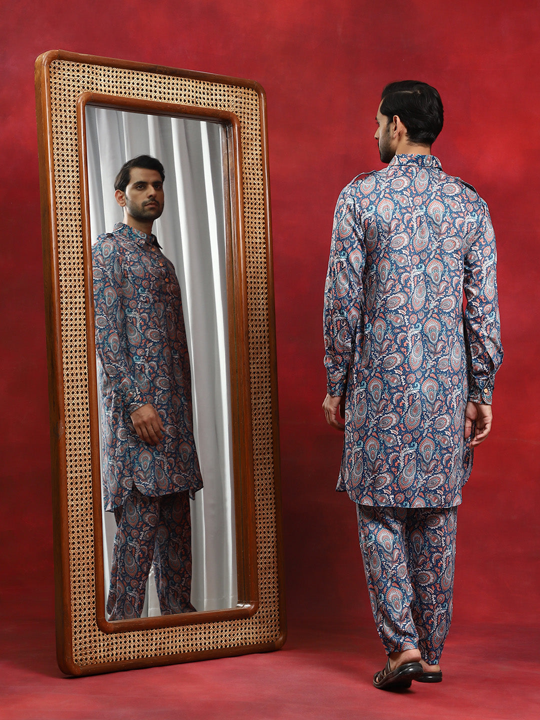 Blue Printed Pathani Kurta With Pyjama - Elganza