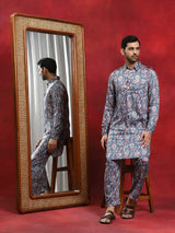 Blue Printed Pathani Kurta With Pyjama - Elganza