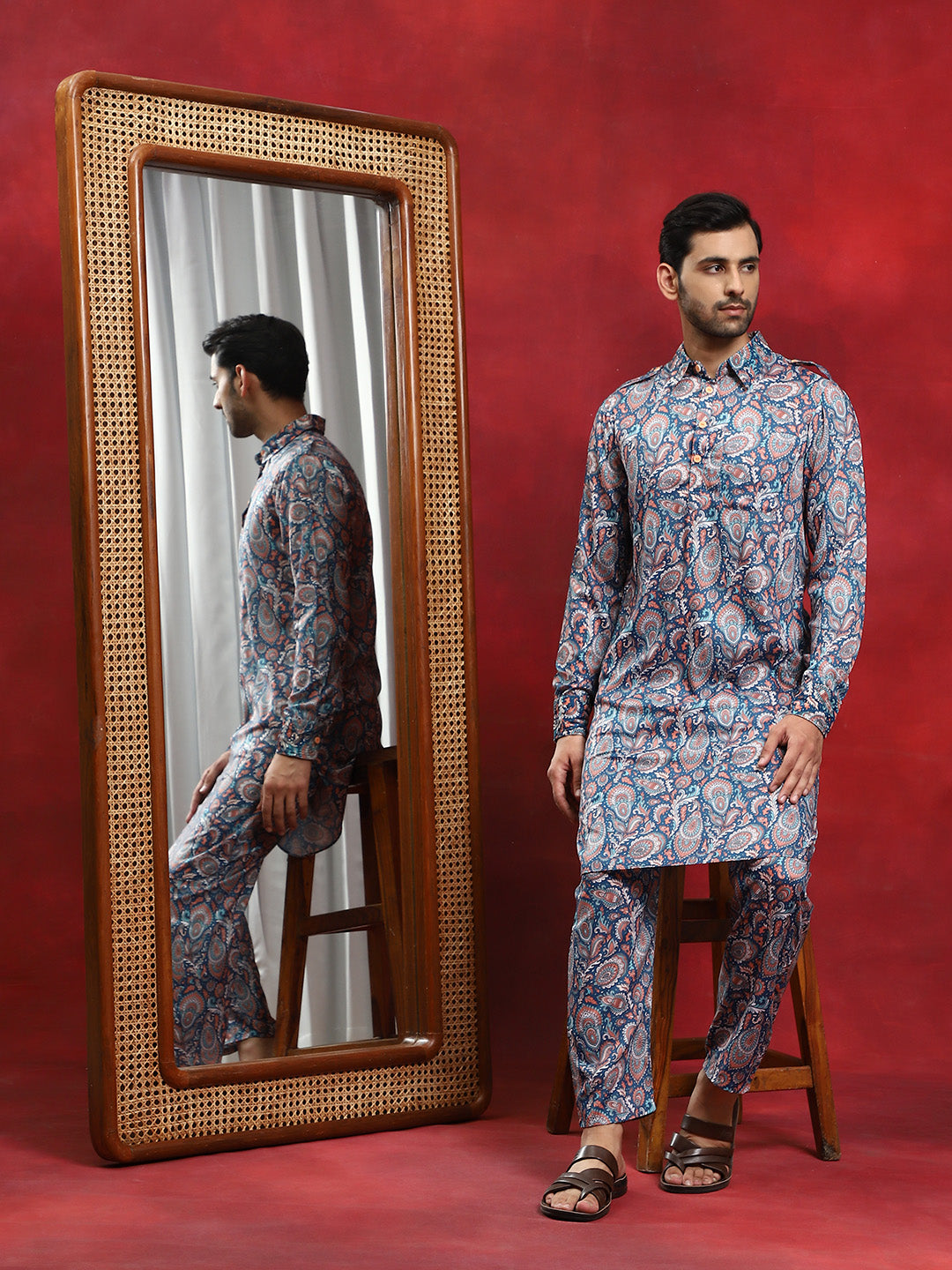 Blue Printed Pathani Kurta With Pyjama - Elganza