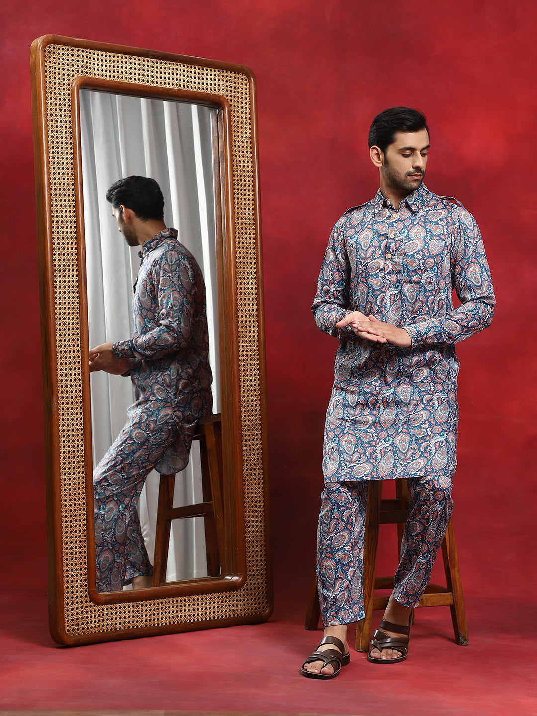 Blue Printed Pathani Kurta With Pyjama - Elganza