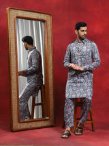 Blue Printed Pathani Kurta With Pyjama - Elganza