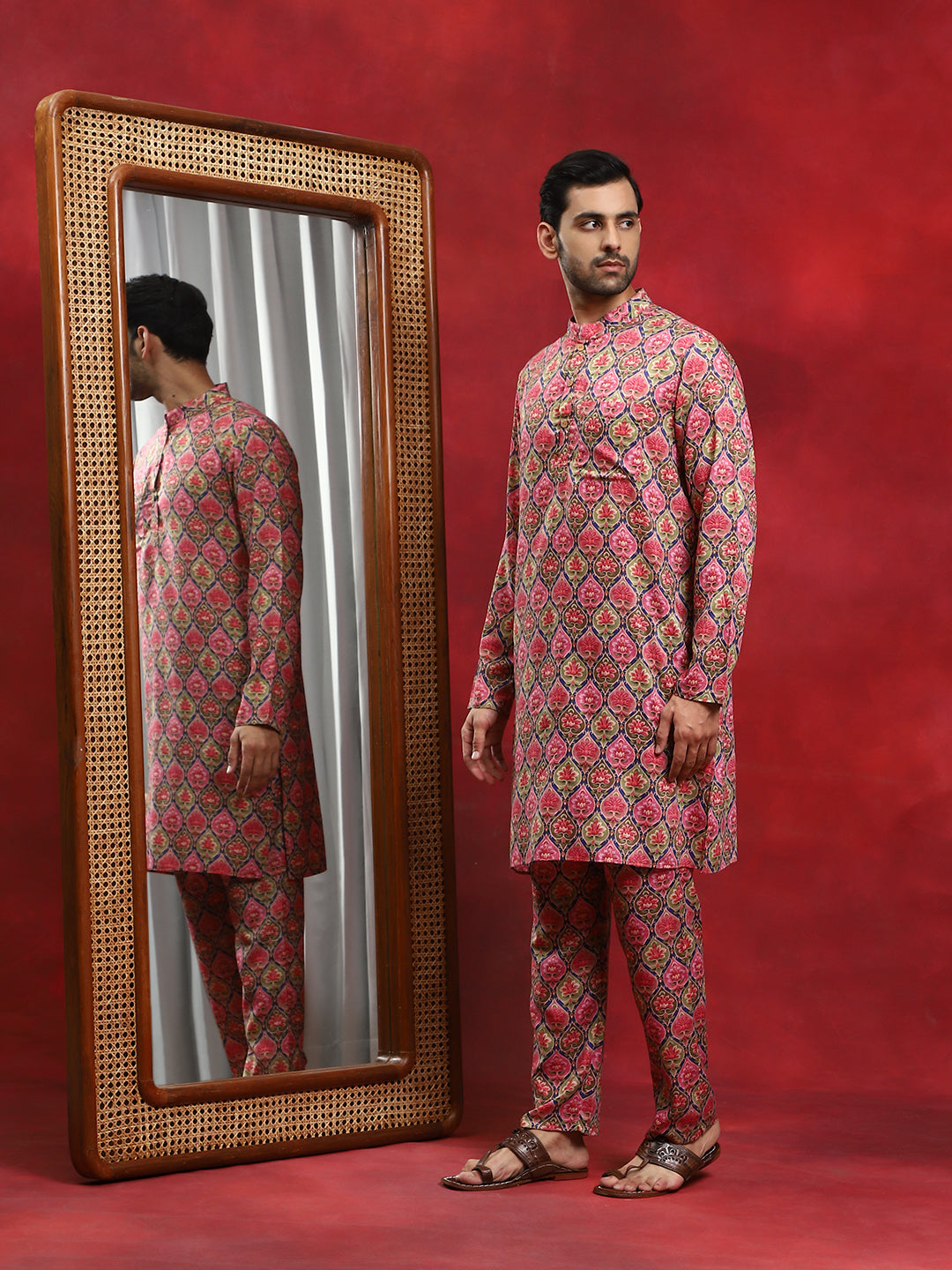 Multicolor Printed Kurta Pyjama With Nehru Jacket - Elganza