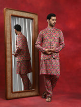 Multicolor Printed Kurta Pyjama With Nehru Jacket - Elganza