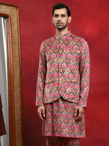 Multicolor Printed Kurta Pyjama With Nehru Jacket - Elganza