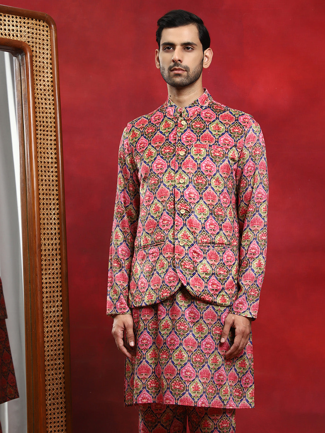 Multicolor Printed Kurta Pyjama With Nehru Jacket - Elganza