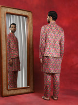 Multicolor Printed Kurta Pyjama With Nehru Jacket - Elganza
