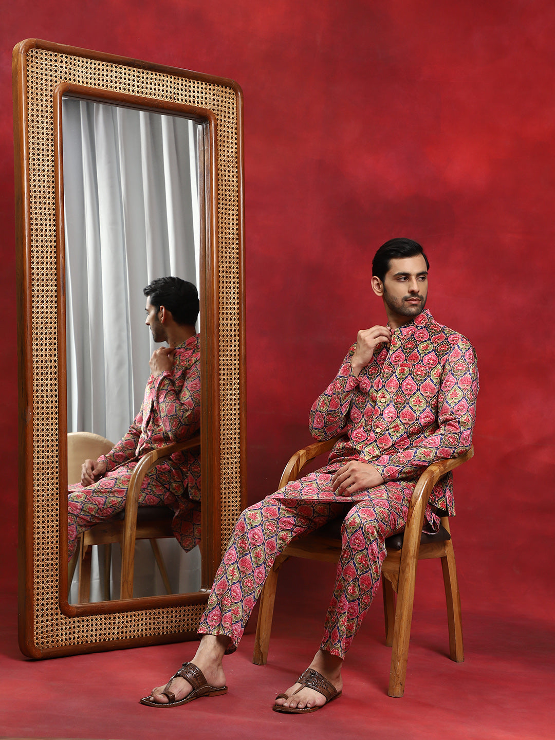 Multicolor Printed Kurta Pyjama With Nehru Jacket - Elganza