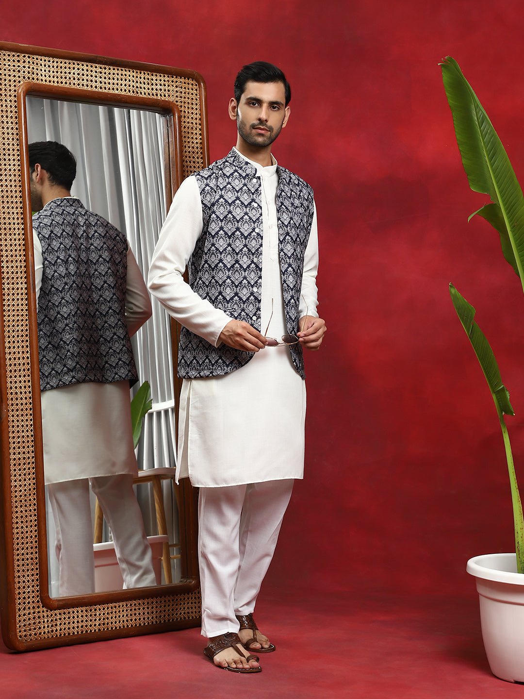 Blue Printed Nehru Jacket - Elganza