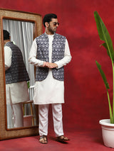 Blue Printed Nehru Jacket - Elganza