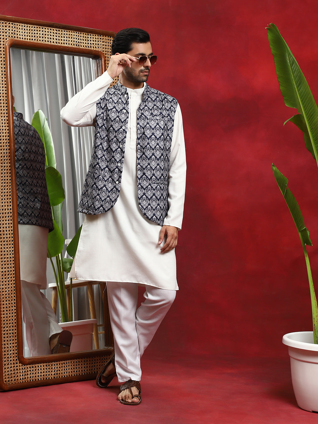 Blue Printed Nehru Jacket - Elganza
