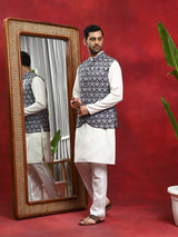 Blue Printed Nehru Jacket - Elganza
