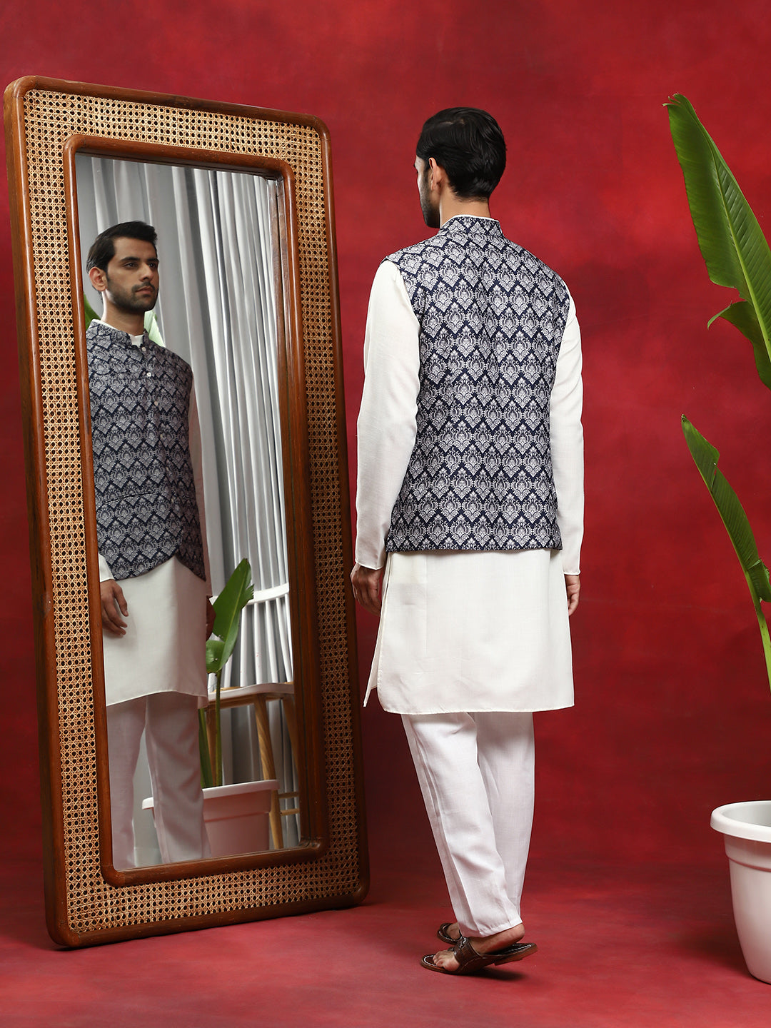 Blue Printed Nehru Jacket - Elganza