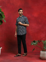 Navy Blue Floral Print Couple Combo Set - Elganza