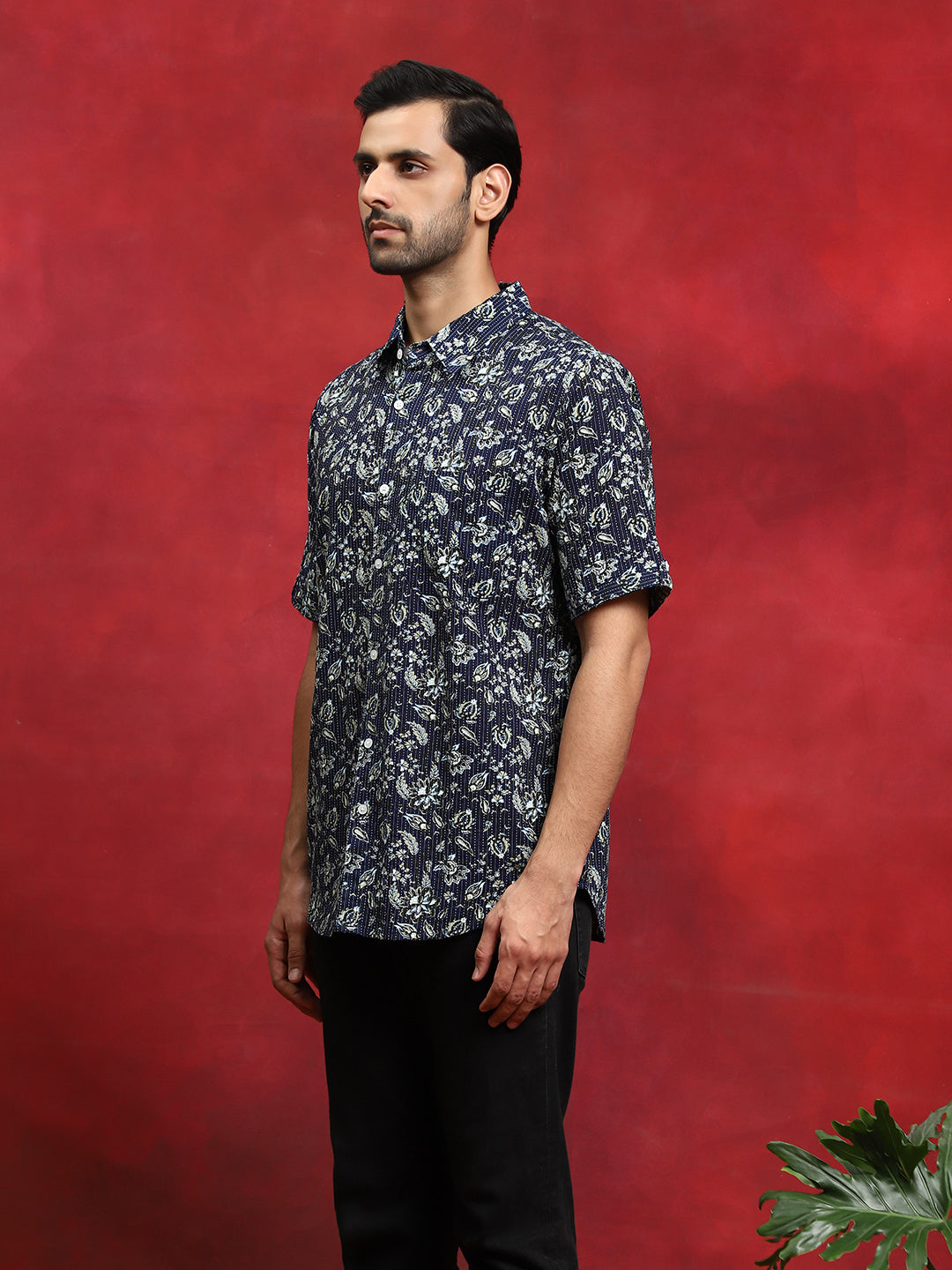 Navy Blue Floral Print Couple Combo Set - Elganza