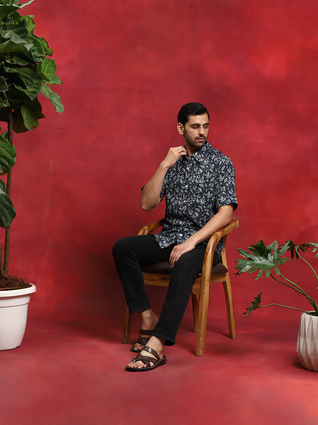 Navy Blue Printed Kantha Work Shirt - Elganza