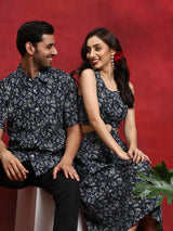 Navy Blue Floral Print Couple Combo Set - Elganza