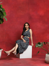 Navy Blue Floral Print Cut-Out Midi Dress - Elganza