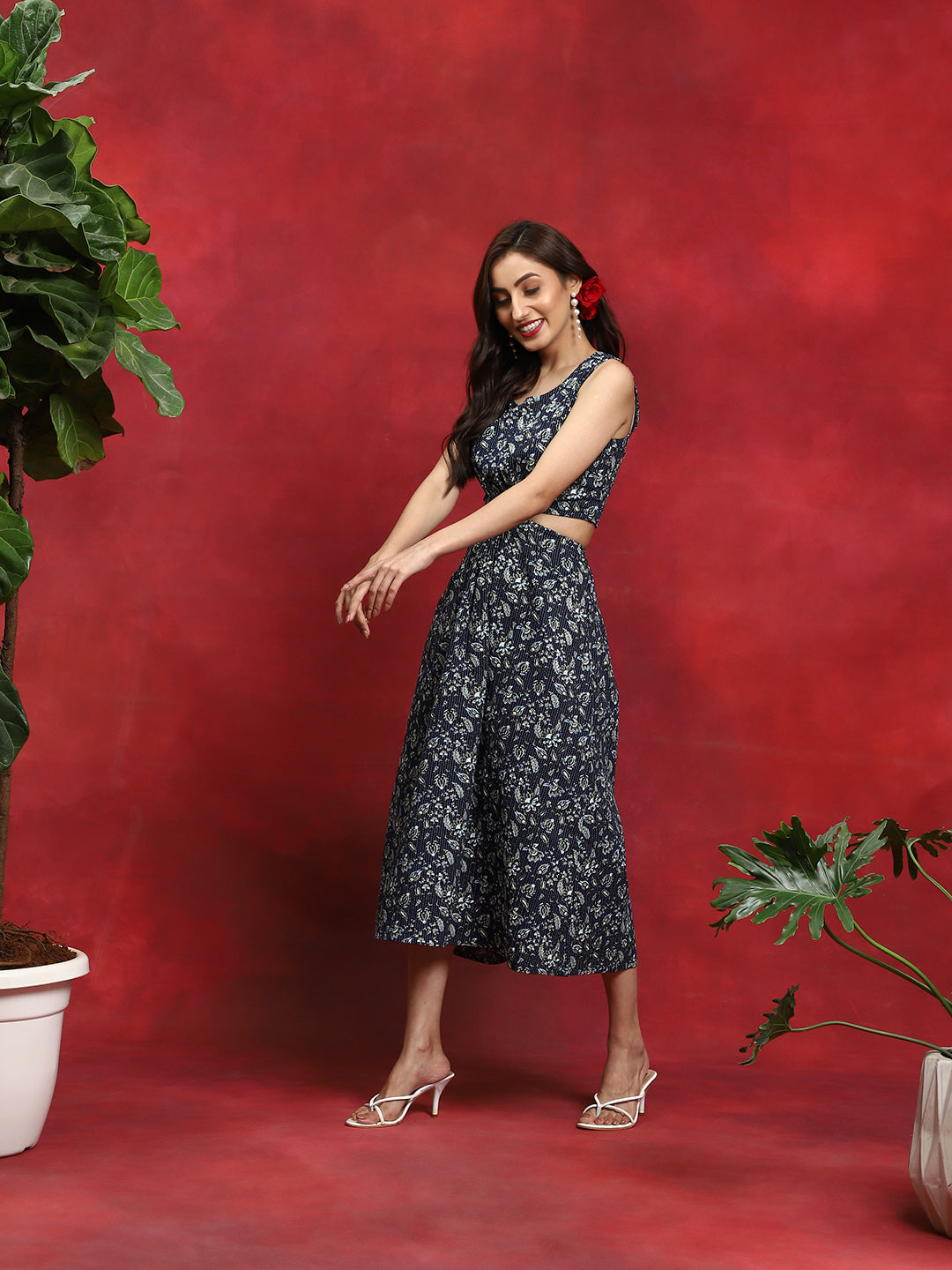 Navy Blue Floral Print Couple Combo Set - Elganza