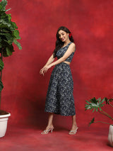 Navy Blue Floral Print Cut-Out Midi Dress - Elganza