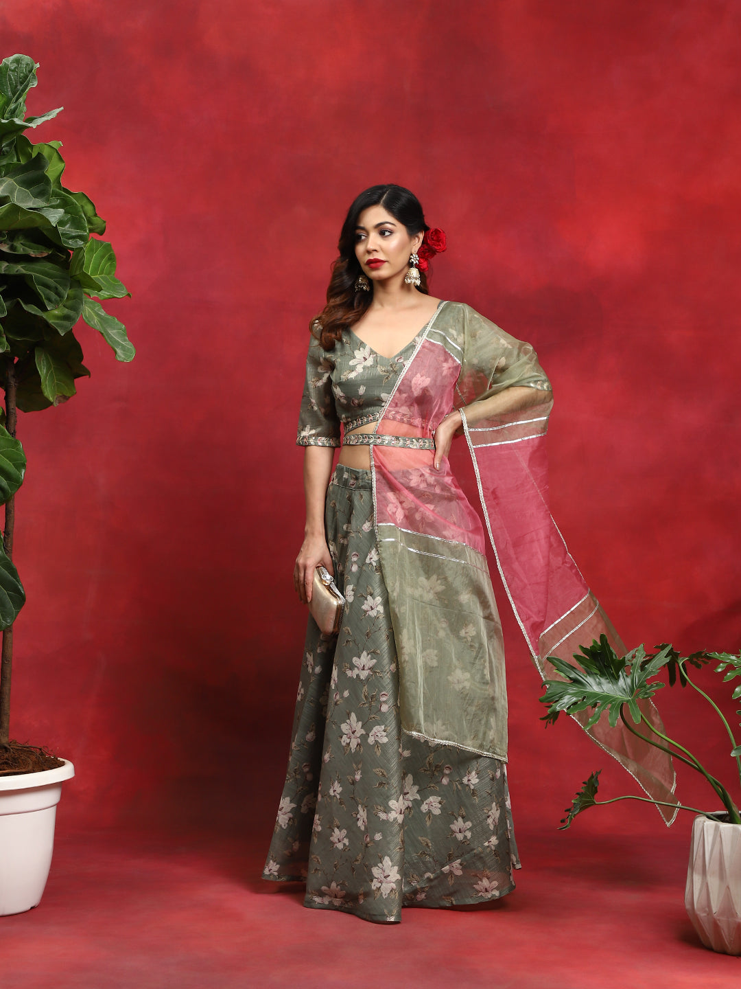 Green Floral Print Lehenga Choli Dupatta - Elganza