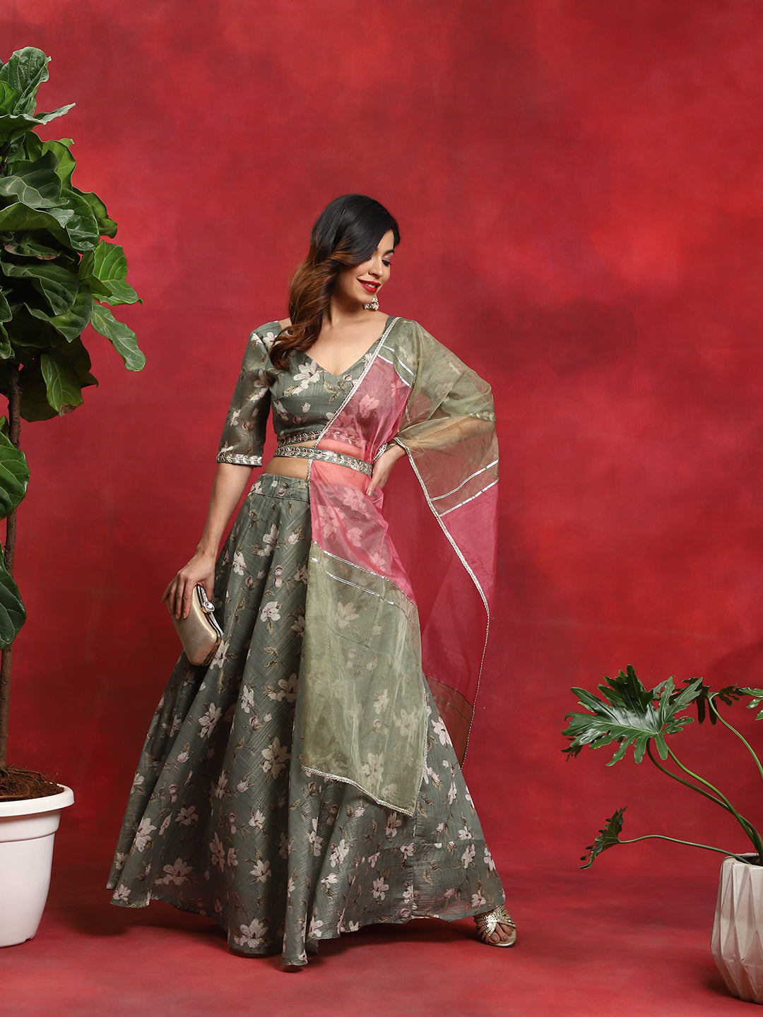 Green Floral Print Lehenga Choli Dupatta - Elganza