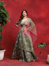 Green Floral Print Lehenga Choli Dupatta - Elganza