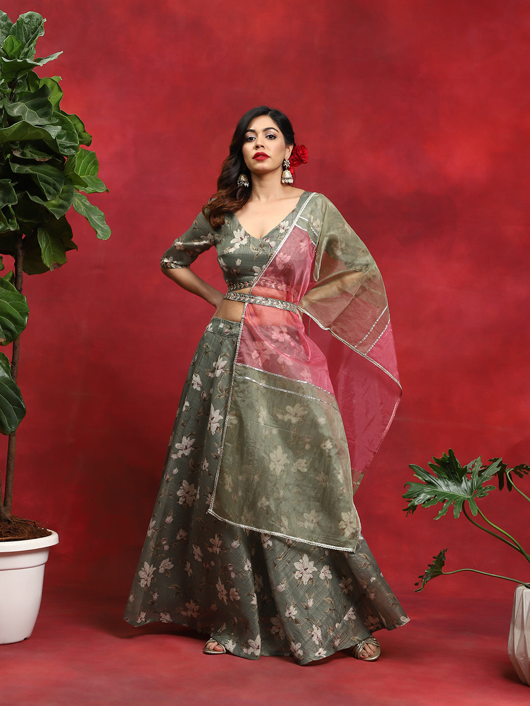 Green Floral Print Lehenga Choli Dupatta - Elganza