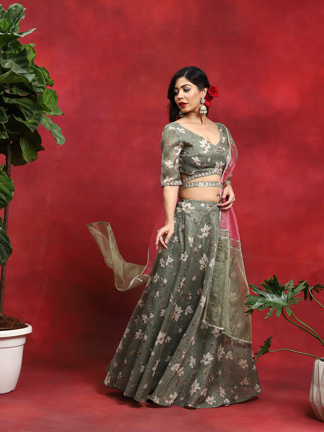 Green Floral Print Lehenga Choli Dupatta - Elganza