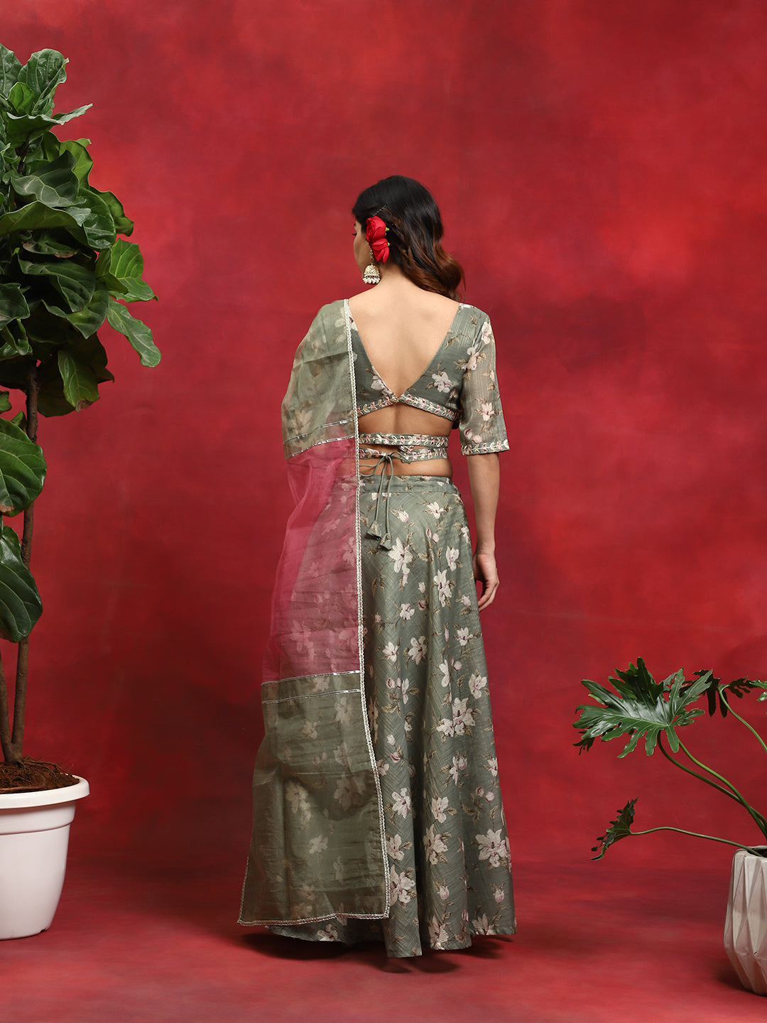 Green Floral Print Lehenga Choli Dupatta - Elganza