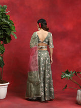 Green Floral Print Lehenga Choli Dupatta - Elganza