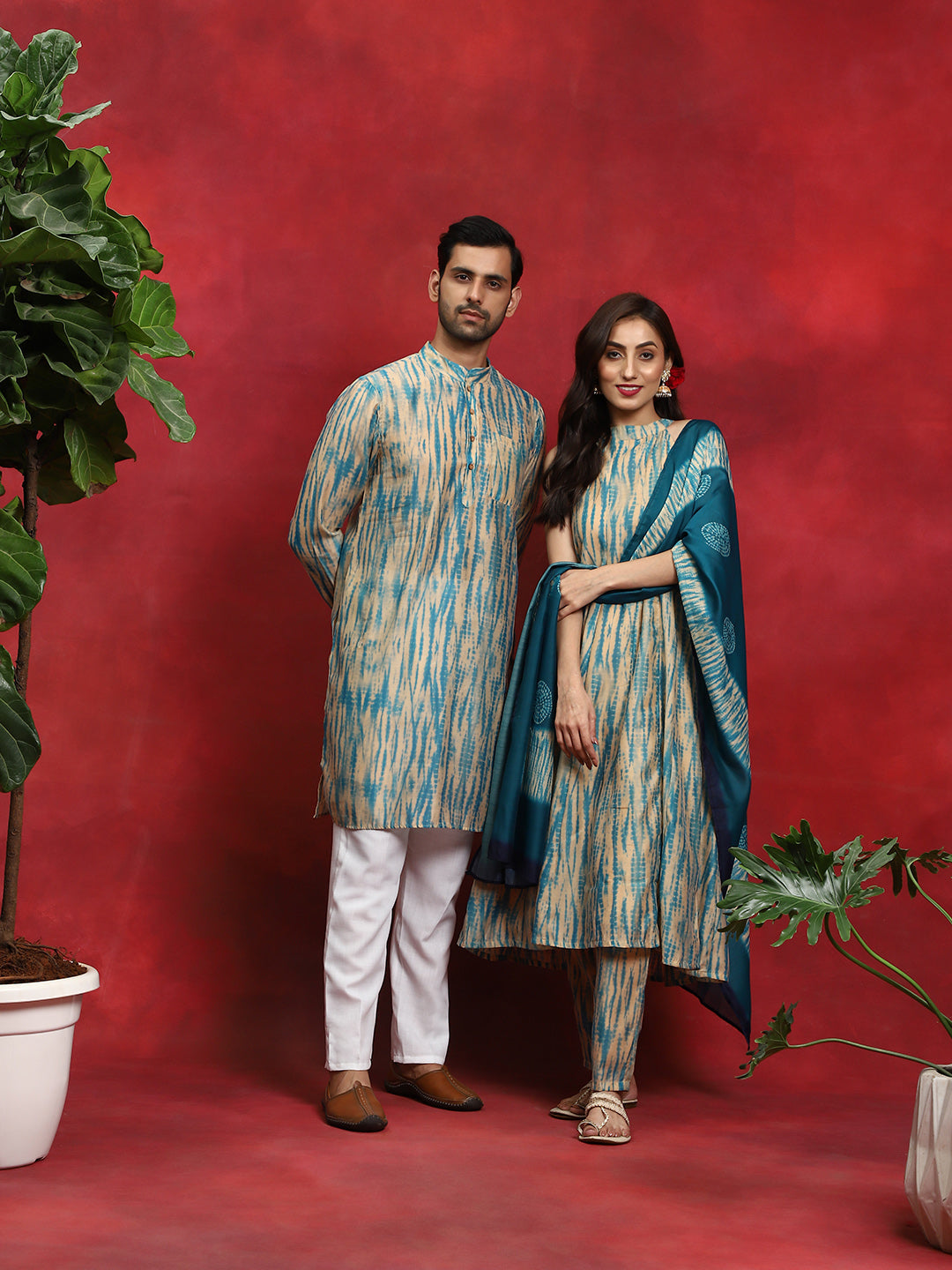 Cream Shibori Print Couple Combo Set - Elganza