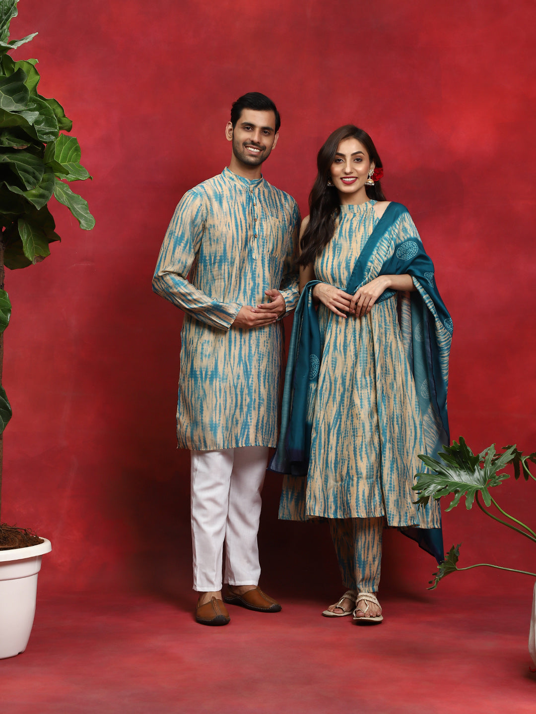 Cream Shibori Print Couple Combo Set - Elganza