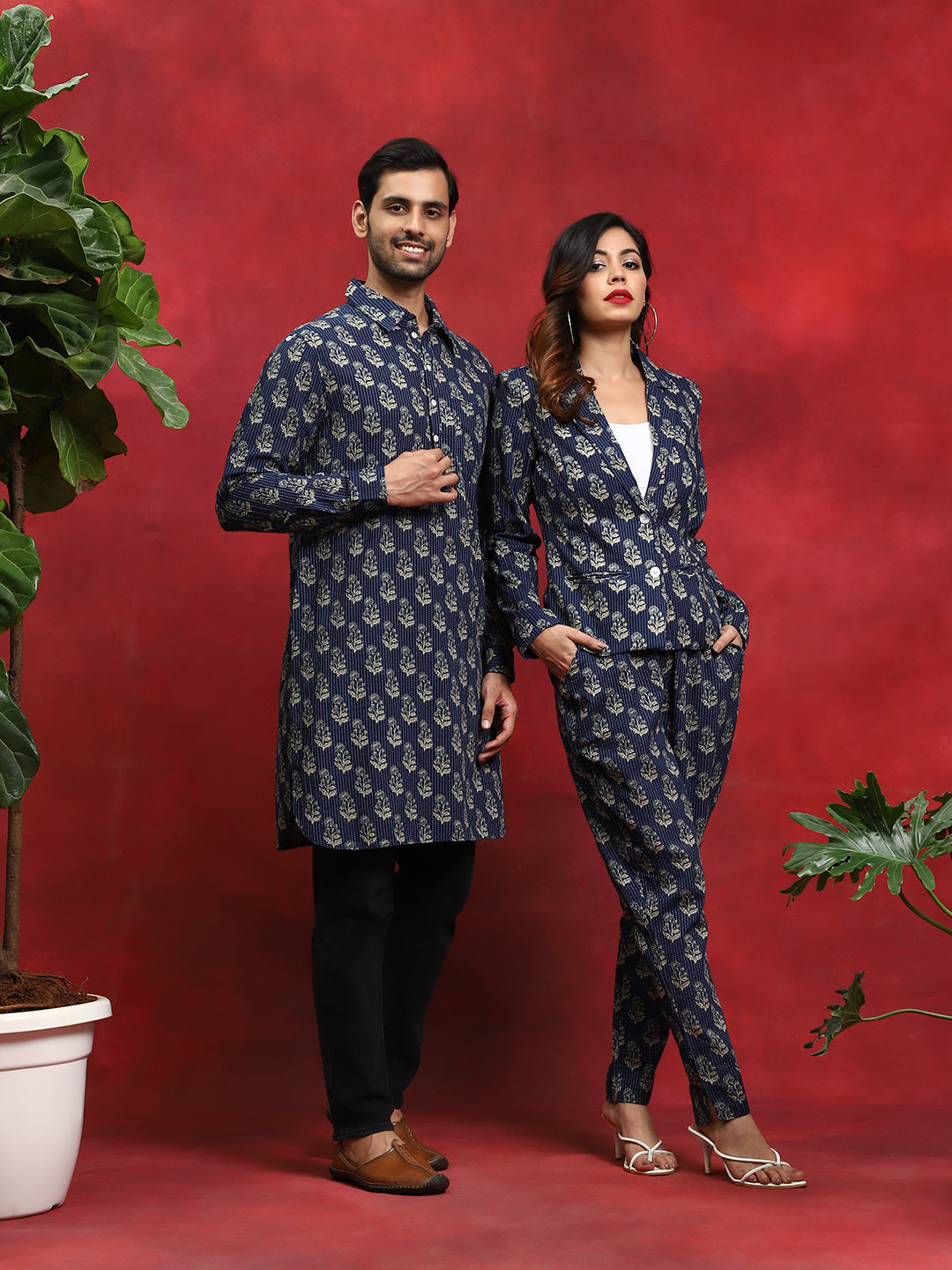 Navy Blue Printed Couple Combo Set - Elganza