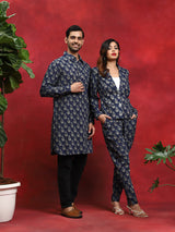 Navy Blue Printed Couple Combo Set - Elganza