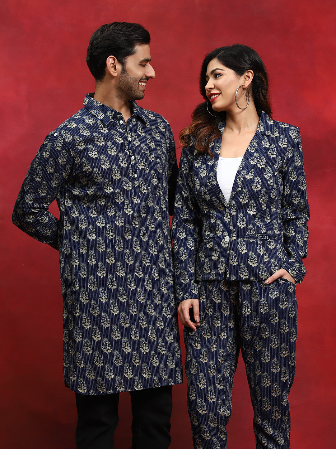Navy Blue Printed Couple Combo Set - Elganza