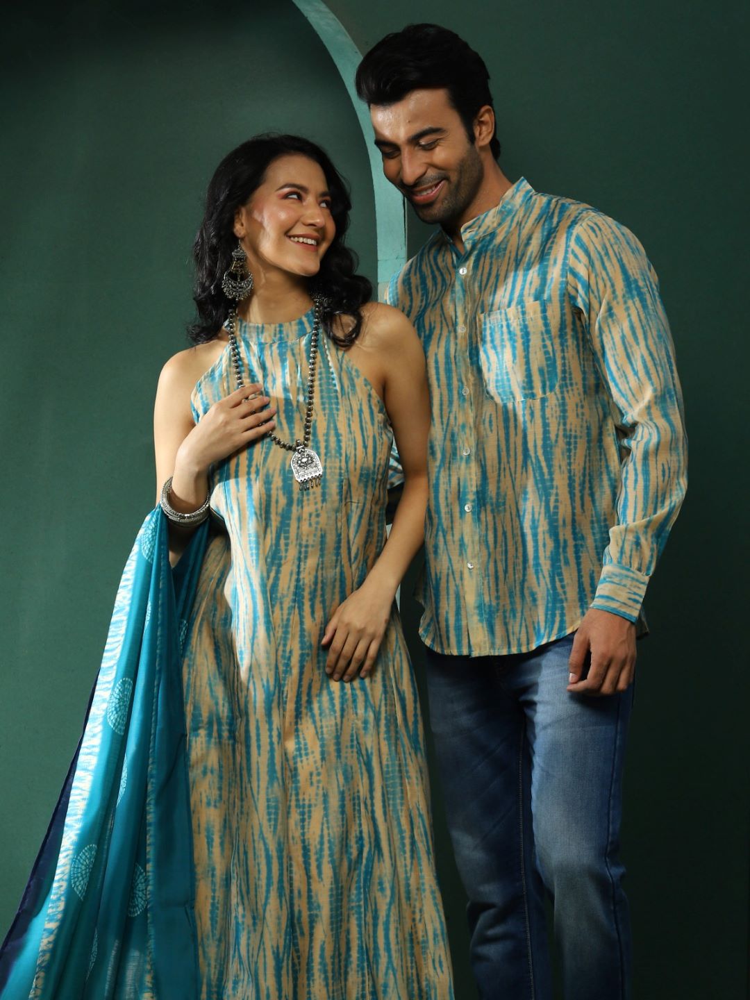 Cream Shibori Print Couple Combo - Elganza