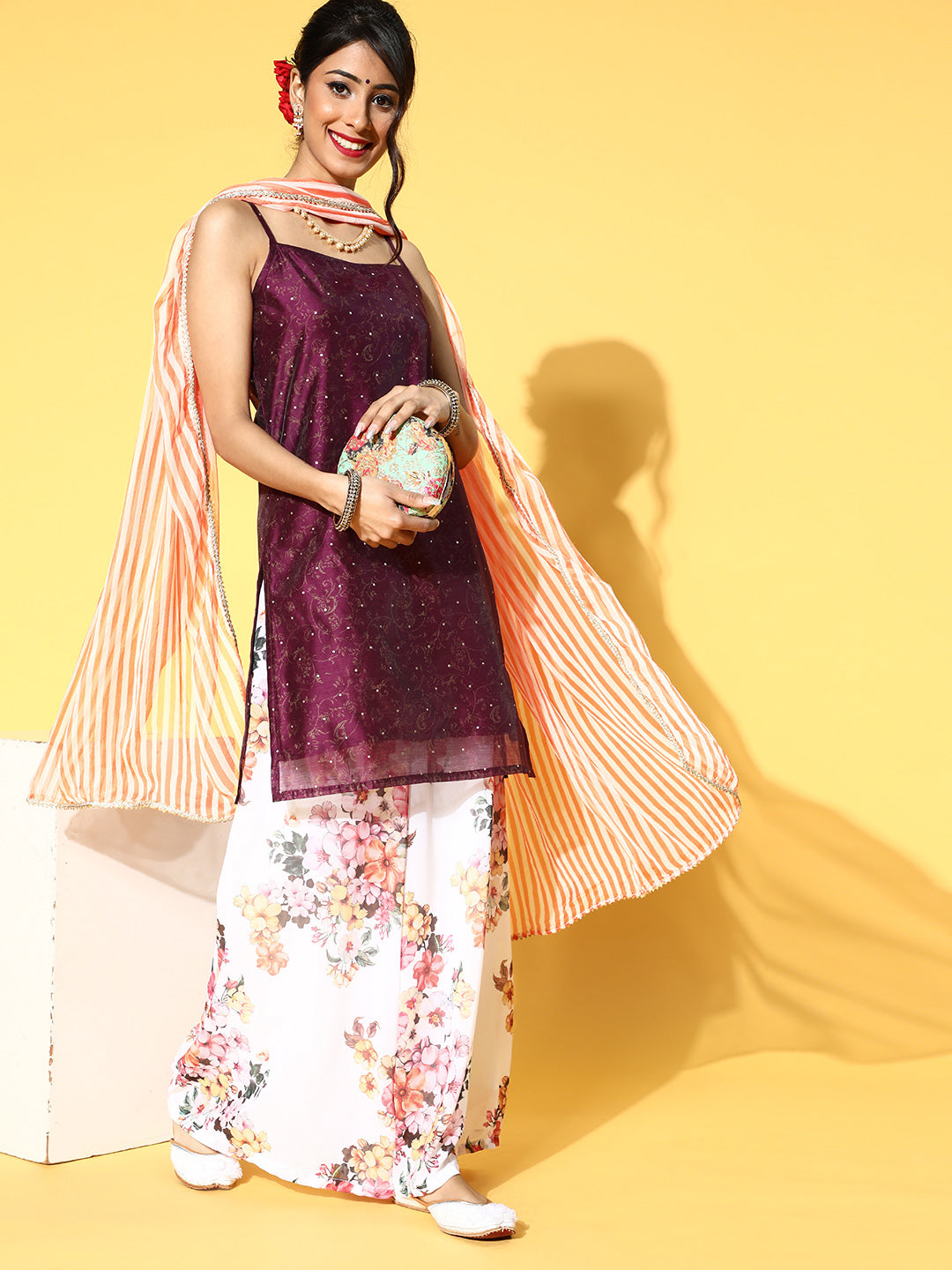 Purple Gold Print Kurta Palazzo With Dupatta - Elganza