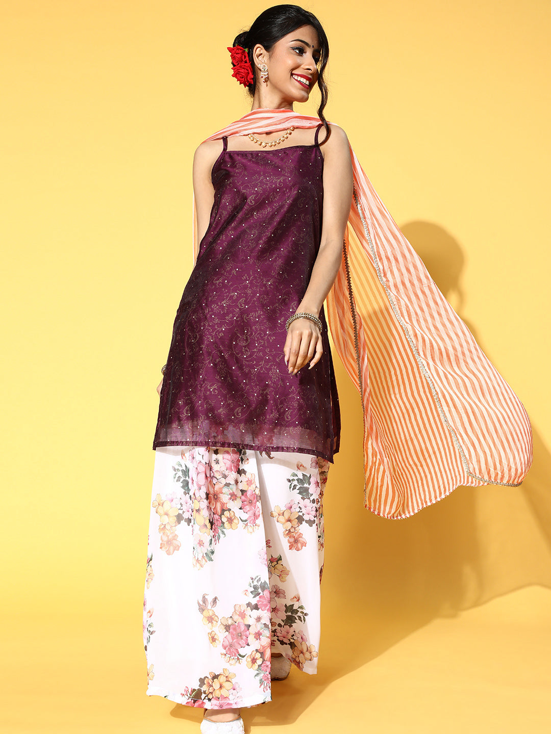 Purple Gold Print Kurta Palazzo With Dupatta - Elganza