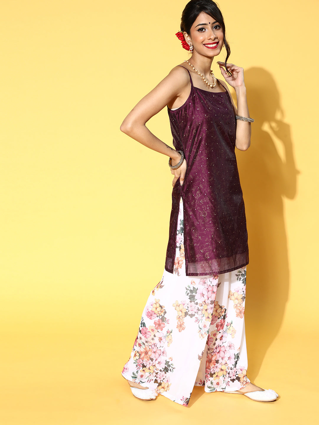 Purple Gold Print Kurta Palazzo With Dupatta - Elganza