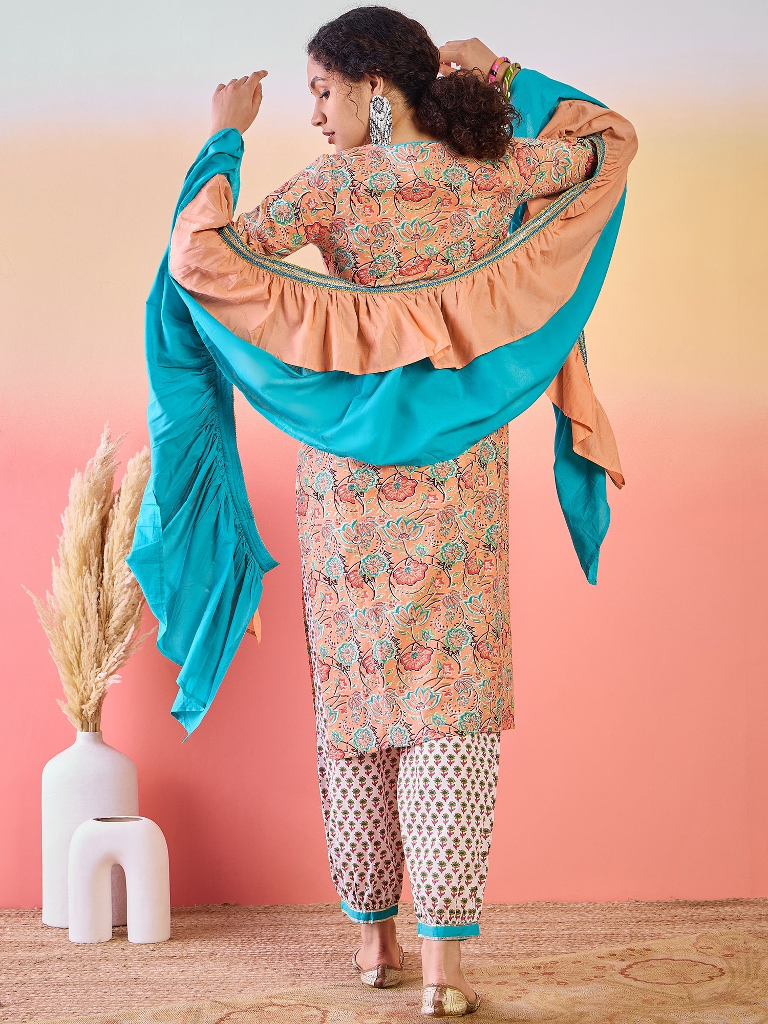 Peach Floral Print Kurta Palazzo With Dupatta - Elganza