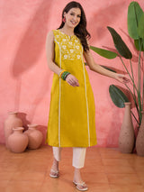 Yellow Floral Embroidered Kurta - Elganza