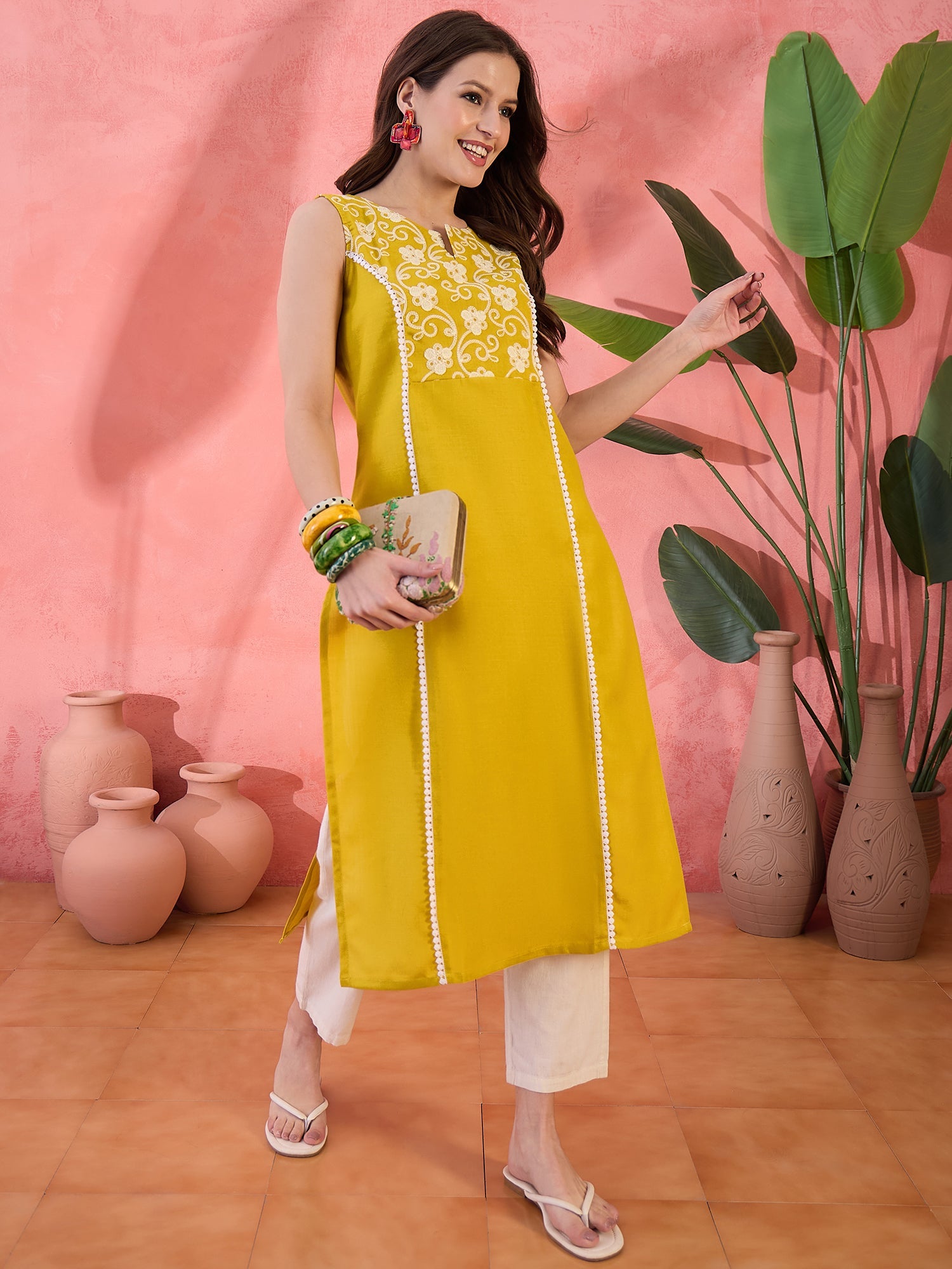 Yellow Floral Embroidered Kurta - Elganza