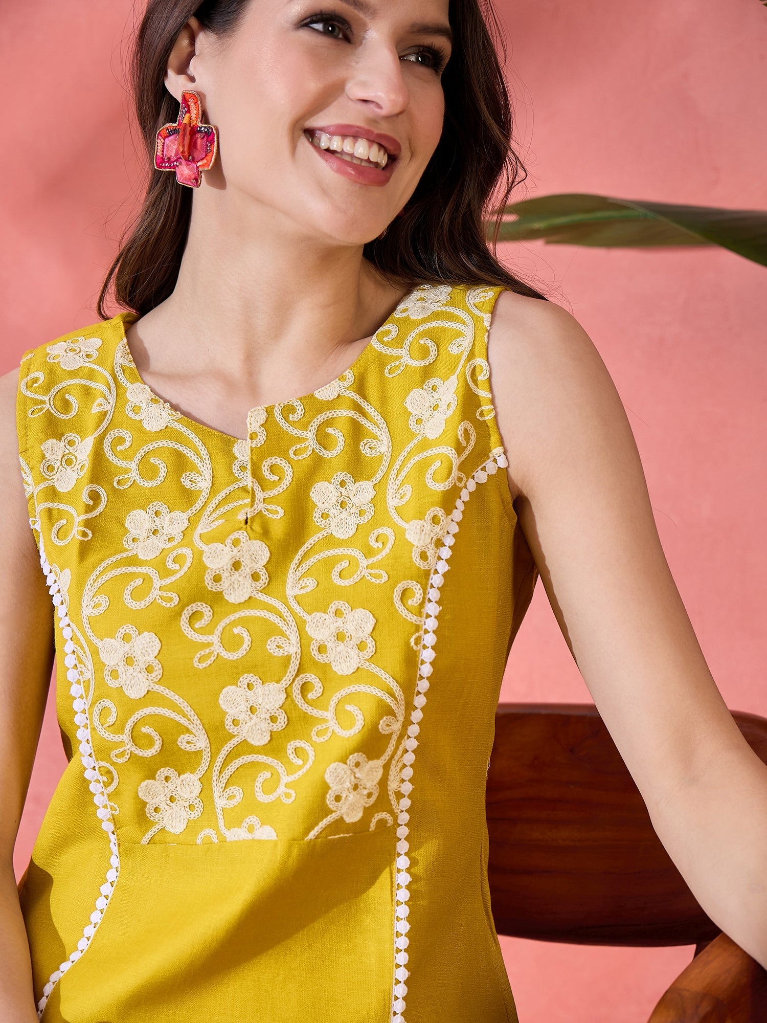 Yellow Floral Embroidered Kurta - Elganza