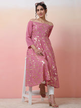 Pink Floral Print Off Shoulder Dress - Elganza