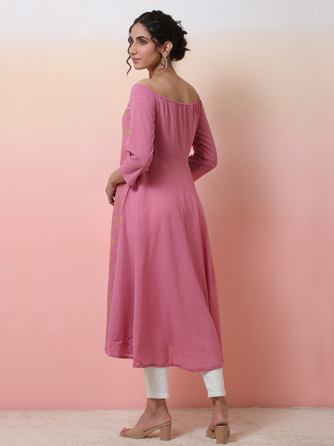 Pink Floral Print Off Shoulder Dress - Elganza